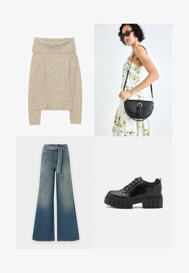 Beige knit sweater with a wide folded collar, vertical ribbed texture, long sleeves, and a slight flare at the hem. Soft and warm appearance.; Wide-leg denim trousers featuring a light to dark blue gradient, high waist, belt loops, and a matching fabric belt. Textured denim finish.; Black leather platform shoes with a chunky block heel, round toe, and traditional lace-up design. Features smooth texture and minimal detailing.; Black leather handbag with a curved shape, detachable strap, and gold hardware. The bag features a flap with a buckle detail.