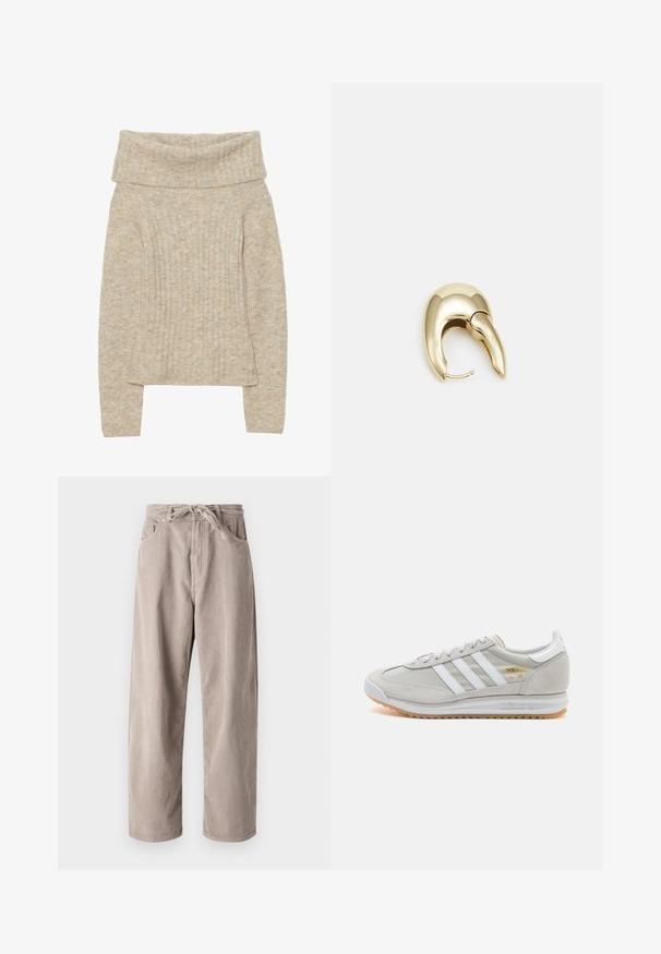 Maglione beige a maglia con un ampio colletto pieghevole, texture a coste verticali, maniche lunghe e una leggera svasatura all'orlo. Aspetto morbido e caldo.; Pantaloni in velluto a coste beige con vestibilità ampia, dotati di vita con cordoncino, due tasche frontali e lavorazione a coste verticali.; Sneaker grigio chiaro realizzato in suede e rete, con tre strisce bianche, punta arrotondata e suola in gomma color caramello. Accento del logo dorato vicino ai lacci.; Orecchino in metallo color oro con un design elegante e curvo. Presenta una forma appuntita distintiva, superficie lucida e chiusura a cerniera.