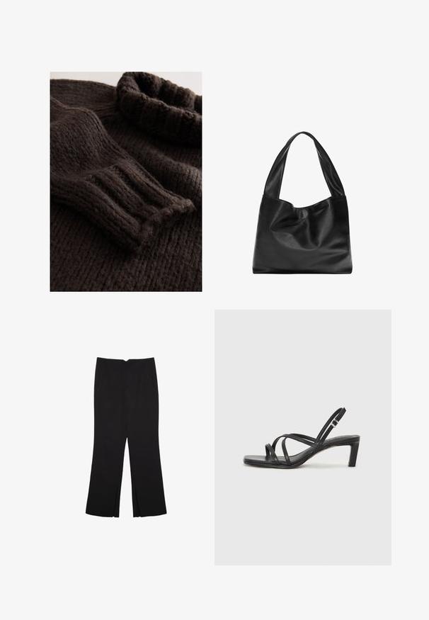 Donkerbruine gebreide trui met een geribbelde textuur, opgevouwen col en lange mouwen met geribbelde boorden. Zachte, dikke stof.; Zwarte broek met een rechte pasvorm, voorzien van zijzakken en plooien aan de onderzijde. Gemaakt van zachte, gladde stof. Geschikt voor verschillende gelegenheden.; Zwarte sandaal met bandjes, vierkante teen en een lage blokhak. Voorzien van meerdere dunne bandjes en een verstelbare enkelband. Gemaakt van zacht leer.; Zwarte leren tote bag met een zachte, slappe vormgeving, brede hengsels en een gladde textuur. Geen zichtbare hardware of versieringen.