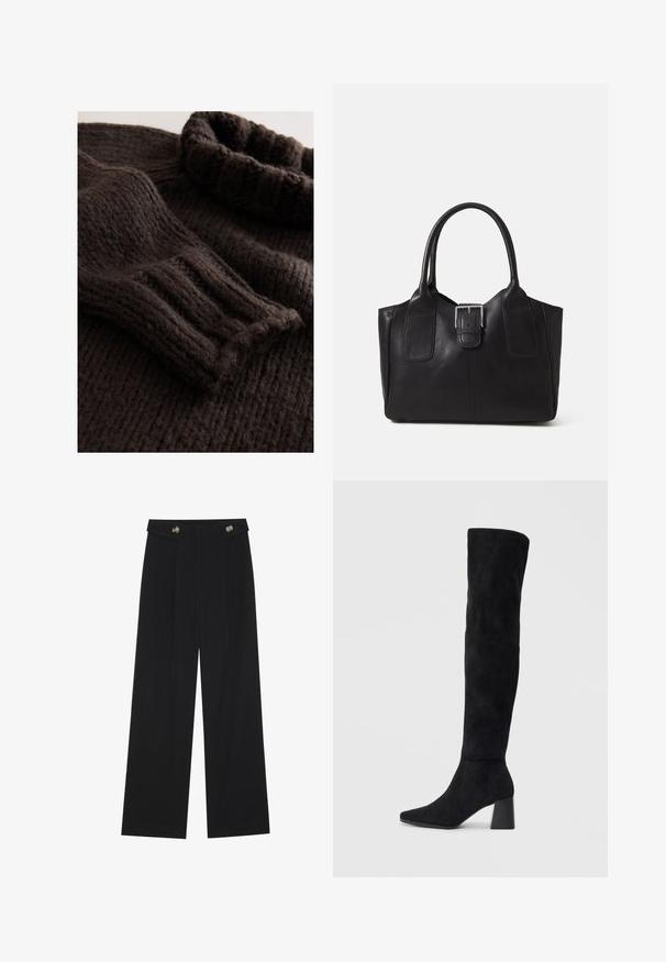 Tumši brūns adīts džemperis ar riboto tekstūru, salocītu augsto apkakli un garām piedurknēm ar ribotām aprocēm. Mīksts, biezs materiāls.; Melnas platās bikses ar augstu jostasvietu, pogu detaļām uz jostas un priekšējām krokām.; Melna zamšāda līdz ceļiem, ar blokveida papēdi, norādītu purngalu un gludu, bezšuvju dizainu uz vienkārša gaiša fona.; Melnas ādas somiņa ar gludu tekstūru, strukturētu formu, divām rokturām un izteiktu sudraba sprādzi priekšpusē.