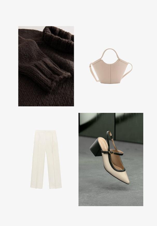 Pull tricoté marron foncé avec une texture côtelée, col roulé plié et manches longues avec poignets côtelés. Matière douce et épaisse.; Pantalons larges de couleur crème clair. Fabriqués dans un tissu lisse avec des plis à l'avant et des poches latérales.; Escarpin beige à bout pointu et bride arrière, avec des finitions noires, une boucle dorée et un talon bloc épais, posé sur un sol gris avec un fond vert foncé.; Sac à main en cuir beige avec une forme unique, doté de deux poignées courtes et d'une longue sangle réglable. Texture lisse avec un minimum de matériel.