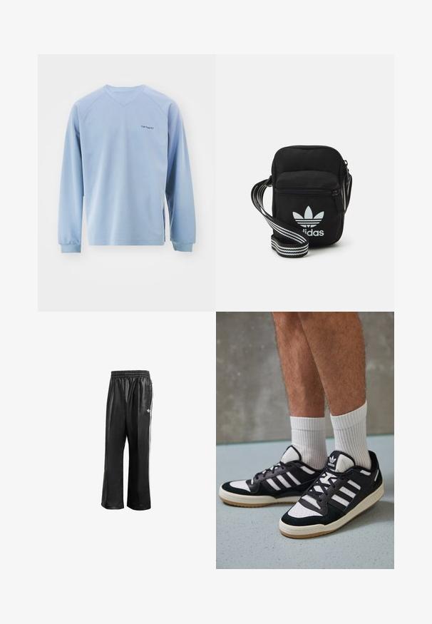 Vaaleansininen pitkähihainen paita, jossa on V-pääntie, ribbaustakit ja sivuhalkiot. Rinnassa on huomaamaton logo. Valmistettu pehmeästä kankaasta.; Mustat synteettiset juoksuhousut, joissa on joustava vyötärö, valkoiset sivusuunnassa olevat raidat ja pieni valkoinen logo vasemmassa lantiossa.; Valkoiset ja mustat tennarit, joissa on mokkanahka- ja nahkapäällinen, kolme valkoista raitaa, rei'itetty kärki ja kumipohja.; Musta kangas olkalaukku vetoketjulla, jossa on valkoinen Adidas-logo ja raidallinen säädettävä hihna helppoa kantamista varten.