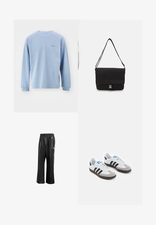 Ljusblå långärmad topp med v-ringning, ribbade mudd armar och sidoflikar. Har en diskret logotyp på bröstet. Tillverkad av mjukt material.; Svarta syntetiska löparbyxor med elastisk midja, prydda med vita sidosträck och en liten vit logotyp på vänster höft.; Sportskor med överdel i vit läder, grå mocka på tårna och tre svarta ränder. Har en blå logotyp på tungan och en texturerad gummisula.; Svart messenger väska i slät material med en vikbar klaff, silverfärgade spännen och justerbar axelrem.