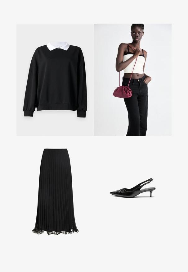 Svart hettegenser med hvit polo-lignende krage, oversized passform, ribbestrikkede mansjetter og kant. Glatt tekstur, lange ermer, og ingen synlige logoer.; Svart plissert maxiskjørt laget av lett materiale med et flytende design. Har en volangkant og elastisk midje for komfort.; Sorte skinnert remsandaler med spiss tå, liten kittenhæl og en dekorativ knute detalj foran. Glatt tekstur gjennom hele.; Burgunderfarget myk stoffhåndveske med en samlet design og en lang stropp, båret som en crossover. Modellen har på seg en hvit crop-top og svarte jeans.