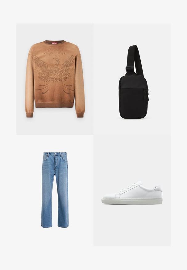 Felpa marrone con un design texturizzato di un fenice, polsini e orlo a coste, e un'etichetta rossa vicino al collo. Effetto sfumato da chiaro a scuro.; Jeans in denim blu chiaro con design a gamba dritta, cinque tasche, chiusura con bottone, leggero sbiadimento e dettagli di cucitura a contrasto.; Sneaker bianco con tomaia in pelle liscia e profilo basso. Presenta una punta arrotondata, sei occhielli e una suola in gomma testurizzata.; Borsa a tracolla nera realizzata in tessuto resistente, con una singola tracolla regolabile, un compartimento principale con zip e una tasca frontale.