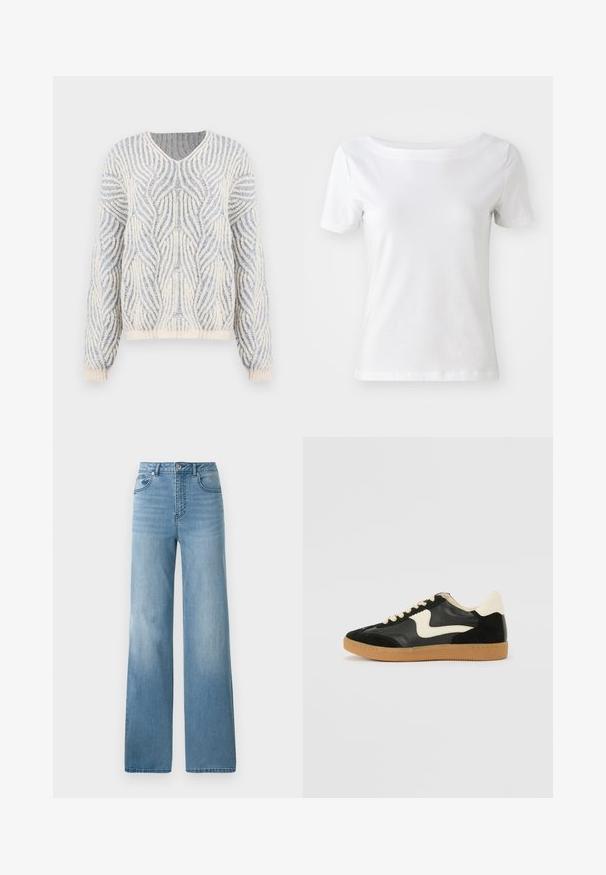Pleteno pulover v smetani in svetlo modri barvi z valovitim teksturnim vzorcem. Ima V-izrez in dolge rokave z rebrastim robom in spodnjim robom.; Bela majica s kratkimi rokavi iz bombaža z odprtim izrezom in gladko teksturo. Preprost in neokrašen dizajn.; Svjetloplave traperice visokog struka sa ravnim krojem. Izrađene od denima, s pet džepova i zatvaranjem na dugme.; Črne semiš in usnjene superge s kremasto stransko puščico in svetlo kremasto peto. Imajo bež čipke in gumijast podplat.