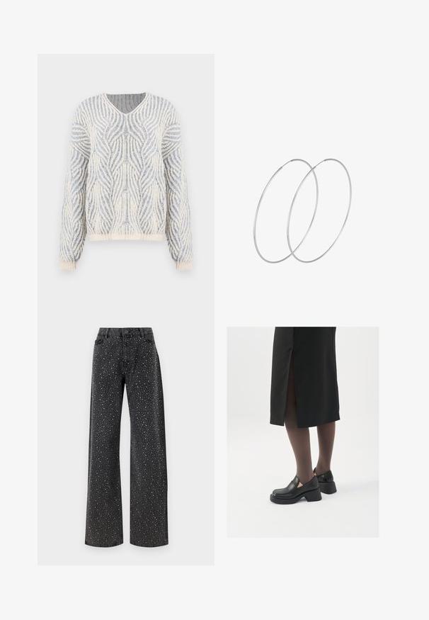 Pleteni pulover u krem i svijetloplavoj boji s valovitim teksturiranim uzorkom. Ima V-izrez i duge rukave s rebrastim manžetama i rubom.; Noisy May NMJANNEL LOOSE - Traperice opuštenog kroja - black denim; Crne kožne cipele s zaobljenim vrhom, debelim blok petama i elastičnim bočnim detaljima, uparene s tamnim čarapama i crnom suknjom s prorezom.; Srebrne okrugle naušnice s minimalističkim dizajnom. Kružni oblik, glatka tekstura i tanak profil. Lagane s poliranim završetkom.