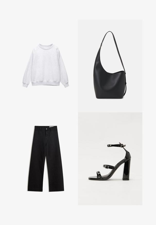 Jasnoszara bluza z okrągłym dekoltem, z długimi rękawami oraz ściągaczami przy nadgarstkach i u dołu, wyłożona płasko na białym tle.; Czarne dżinsowe spodnie o szerokich nogawkach i wysokim stanie, z przednimi i tylnymi kieszeniami, przeszyciami oraz zapięciem na guziki. Gładka struktura.; Czarne lakierowane sandały na obcasie z kwadratowym noskiem, z paskami wokół kostki i srebrnymi klamrami. Posiadają masywny słupek dla stabilności.; Czarna skórzana torba hobo o gładkiej fakturze, zaokrąglonym kształcie i pojedynczym, regulowanym pasku; posiada szerokie otwarcie na górze.
