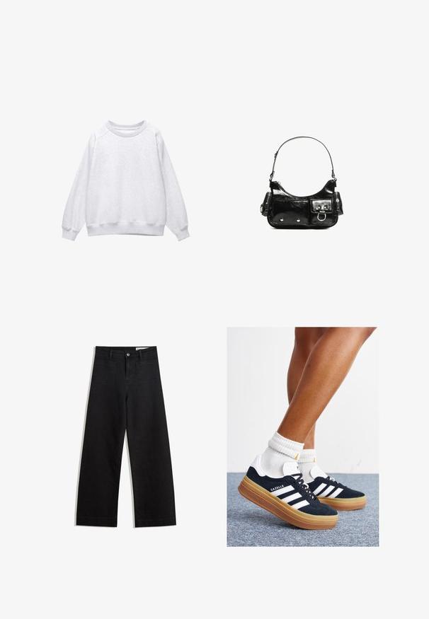Hanorac deschis la culoare, cu guler rotund, mâneci lungi și manșete și tiv cu nervuri, expus pe un fundal alb.; Pantaloni din denim negri cu picioare largi, cu talie înaltă, având buzunare frontale și posterioare, cusături dublate și închidere cu nasture. Textură netedă.; Adidași negri din piele întoarsă cu dungi și accente albe, vârf rotund, talpă de cauciuc gumă, asortați cu șosete albe cu model nervurat.; Geantă de mână din piele lăcuită neagră, cu o formă curbată, un umăr, buzunare frontale și accente din metal argintiu.