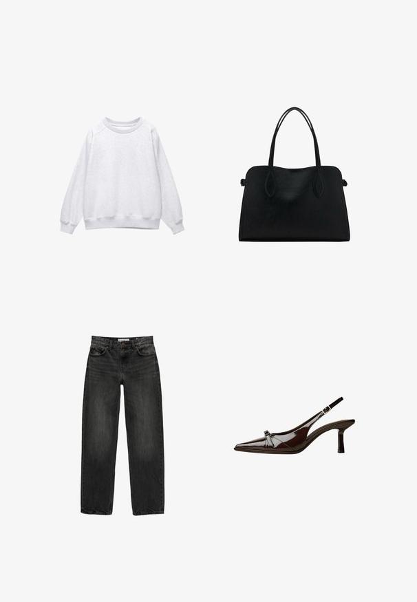 Jasnoszara bluza z okrągłym dekoltem, z długimi rękawami oraz ściągaczami przy nadgarstkach i u dołu, wyłożona płasko na białym tle.; Czarne dżinsy o luźnym kroju, prostych nogawkach, pięciu kieszeniach i lekko wypłowiałej strukturze. Zapięcie na guzik i suwak z przodu.; Brązowe lakierowane sandały z odkrytymi palcami, o spiczastym nosku, niskim obcasie i ozdobnym kokardkowym akcentem z przodu. Gładka, błyszcząca tekstura.; Czarna skórzana torba na ramię z podwójnymi paskami, prostokątny kształt i minimalistyczny design na białym tle.