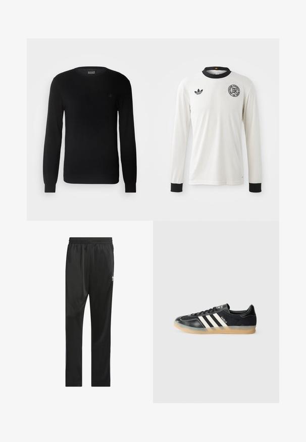 Schwarzer Strickpullover mit Rundhalsausschnitt, langen Ärmeln und kleinem gesticktem Logo auf der Brust. Weicher Griff und taillierte Passform.; Weißes langärmliges Fußballtrikot mit gerippter Struktur, schwarzem Kragen und Bündchen, ausgestattet mit schwarzem Adidas-Logo und rundem grafischem Emblem.; Schwarze Sporthosen aus glattem, leichtem Material. Mit einem elastischen Bund und weißen Seitenstreifen sowie einem Logo auf dem Oberschenkel.; Schwarzer Sportschuh mit weißen Streifen, strukturiertem Stoff, glattem Lederzehen und einer Sohle aus Gummi. Mit Logo auf der Zunge.