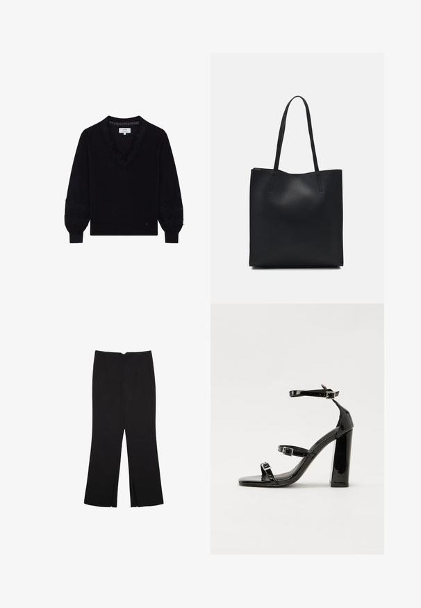 Pull en jersey noir avec un col en V et des détails en dentelle au niveau du col et des manches. Présente des poignets côtelés et une coupe décontractée.; Pantalon noir avec une coupe droite, doté de poches avant et d'éclairs sur l'ourlet. Fabriqué en tissu doux et lisse. Convient à diverses occasions.; Sandales à talons vernies noires avec un bout carré, des sangles autour de la cheville et des boucles en argent. Dotées d'un talon bloc épais pour plus de stabilité.; Sac fourre-tout en cuir noir avec une texture lisse, de forme rectangulaire et deux longues poignées. Pas de matériel ou d'ornementations visibles.