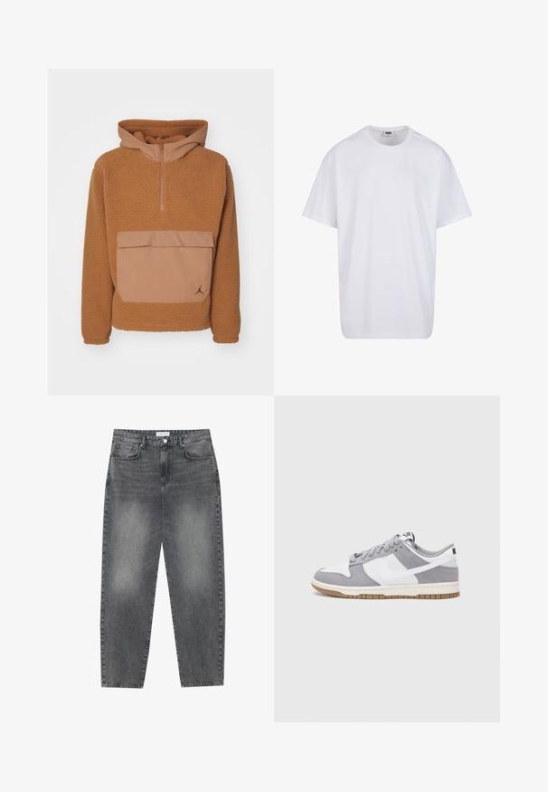 Brun fleece-pullover med halvlys foran, hette og en stor frontlomme; har glatte detaljer og en logo i nederste hjørne.; Hvit bomull t-skjorte med korte ermer, rund utringning, avslappet passform, og ingen synlige logoer eller mønstre. Glatt tekstur og minimalistisk design.; Høyt liv, løstsittende jeans i falmet svart denim. Har fem lommer, beltehemper og et rent, rett ben-design.; Grå og hvite sneakers med overdel i semsket skinn og lær, rund tå, flate lisser, og gummisåle med gummibelegg.