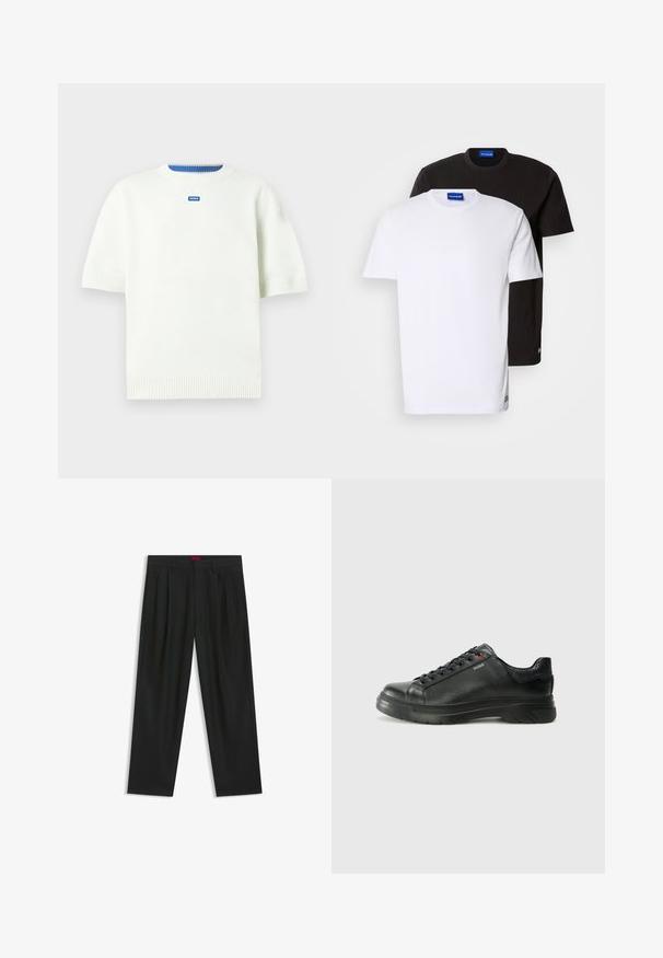 Valkoinen lyhythihainen neulepaita, joka on valmistettu kudotusta kankaasta, sisältäen ribbireunan kaula-aukon ja helman. Pienen sinisen logon on keskitetty etupuolelle.; Kaksi T-paitaa pinottuna: yksi valkoinen ja yksi musta. Lyhyet hihat, pyöreät kaula-aukot, puuvillakangasta. Kaula-aukossa pieni sininen logo.; Mustat housut, joissa on poimutettu muotoilu, leveä lahjetyyppi ja sileä pinta. Varustettu punaisella vyötärötagilla.; Musta nahkakengät, joissa on teksturoidun pinnan, pehmustettu kaulus ja punainen logo. Kengissä on paksu kumipohja, jossa on selkeä uramalli.
