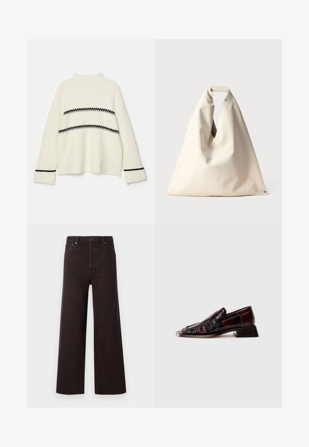 Pulover alb din tricot cu gât înalt, având dungi orizontale negre și gri și accente negre pe mâneci. Textură moale.; Jeans negri cu talie înaltă și croială largă, confecționați din denim. Prezintă cinci buzunare și nasturi metalici, cu textură netedă și design clasic.; Mocasini din piele laică de culoare burgundă închisă, cu finition texturat, toc mic și detalii clasice cu bandă pentru monede, prezentat din lateral.; Geantă bej, cu textură moale, având un mâner unic răsucit și detaliu cu cusătura diagonală. Design minimalist cu un accent rotund la bază.
