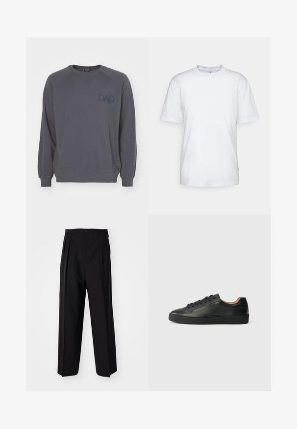 Ron Dorff - Bluza; Biała bawełniana koszulka z okrągłym dekoltem, krótkim rękawem i prostym dołem. Posiada małą metkę marki na lewej szwie bocznym.; Czarne plisowane spodnie o prostym, szerokim kroju nogawek. Wykonane z gładkiego materiału, z zapięciem na guzik i pętelkami na pasek.; Czarne niskie trampki skórzane z teksturowaną powierzchnią, czarnymi sznurowadłami i grubą gumową podeszwą, pokazane z boku na jasnym tle.