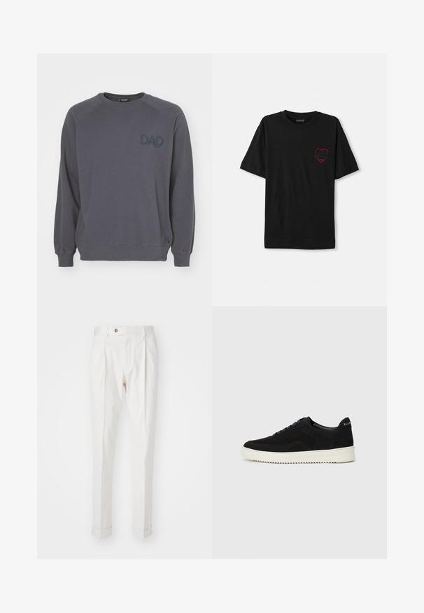 Ron Dorff BOX PRINT - Sweatshirt - lava grey; Svart bomull t-skjorte med kort erm, med et rødt brodert hjerte-design på venstre bryst. Klassisk rund hals, avslappet passform.; Hvite, skreddersydde bukser med flat front, to legg, og oppbrett. Laget av et glatt stoff med knappelukking i livet.; Svart semsket sneakers med snøring og kontrasterende hvit gummisåle. Har teksturerte sidepaneler og subtil merkevare på hælen.