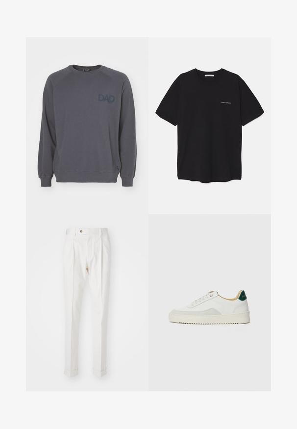 Ron Dorff BOX PRINT - Sweatshirt - lava grey; Svart bomull T-skjorte med rund hals, korte ermer, og hvit logo trykk på venstre bryst. Enkel, ensfarget design.; Hvite, skreddersydde bukser med flat front, to legg, og oppbrett. Laget av et glatt stoff med knappelukking i livet.; Hvit sneakers med semsket detaljer, rund tå, flate snøringer og en kremfarget gummisåle. Har grønn merking på hælen.