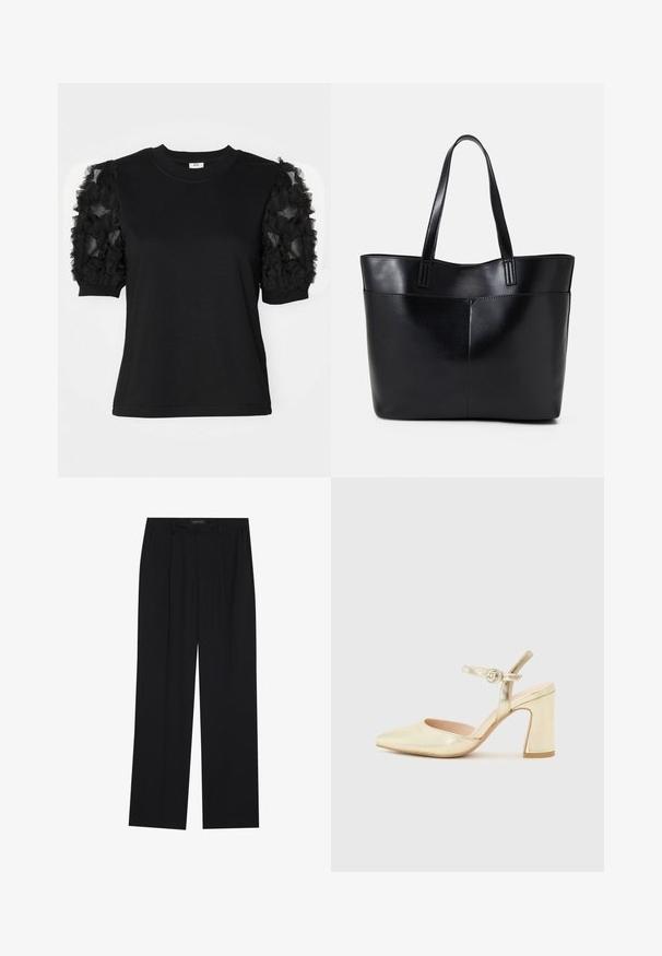 Kraštuotas juodas marškinėliai, su trumpomis rankovėmis, pagaminti iš raukšlėto juodo tiulio audinio, su apvalia iškirpte ir prigludusia siluetu.; Juodos kelnes su tiesiomis sijonais, turinčios dvi priekinės kišenės ir juosmenį. Pagamintos iš lygios, lengvos medžiagos.; Auksinės metalinės kulninės bateliai su smailiu nosiu, kulkšnies dirželis su apvaliu užsegimu ir masyvus kulnas. Lygus paviršius.; Juoda odinė rankinė su dviem ilgais diržais, lygiu paviršiumi ir struktūrizuota forma. Yra priekinė kišenė papildomam saugojimui.