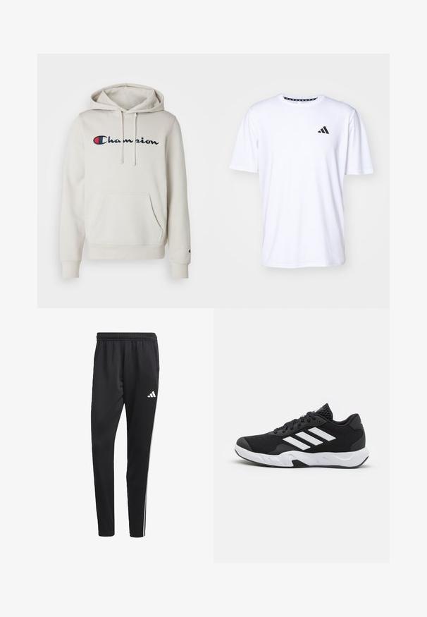 Felpa color crema realizzata in tessuto morbido, con tasca a marsupio frontale, cappuccio con lacci e logo ricamato "Champion" in blu navy e rosso.; Maglietta bianca a maniche corte realizzata in tessuto con una trama liscia. Presenta un logo adidas nero sul lato sinistro del petto e un colletto con motivo.; Pantaloni sportivi neri con una cintura elastica, strisce laterali bianche e un piccolo logo bianco sulla coscia. Realizzati in un materiale liscio e leggero.; Scarpe da ginnastica nere con una tomaia in mesh texturizzata, strisce bianche di accento, suola imbottita e tallone rinforzato per supporto.