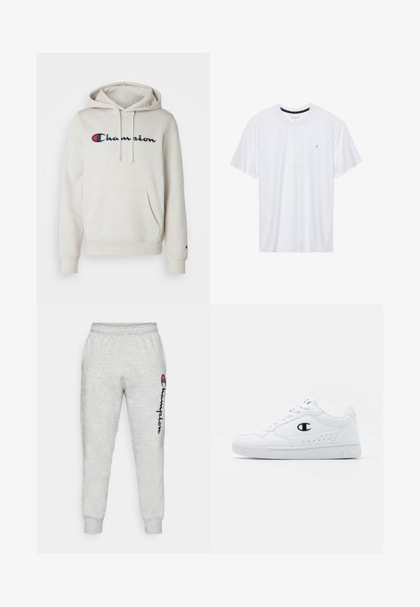 Kreminės spalvos džemperis su minkšta medžiaga, su priekyje esančia kengūros kišene, su raišteliu reguliuojamu gobtuvu ir siuvinėtu "Champion" logotipu tamsiai mėlynos ir raudonos spalvos.; Balta apvalios kaklo marškinėliai, pagaminti iš medvilnės, su trumpomis rankovėmis ir mažuoju logotipu, išsiuvinėtu kairėje krūtinės pusėje. Minkštas audinys.; Šviesiai pilkos medvilnės sportinės kelnės su raštuotais kaklais, turinčios vertikalų tamsiai mėlyną "Champion" logotipą ir subtilią tekstūrą. Elastinga juosmens juosta suteikia patogumą.; Baltos sportinės kedai su lygiu sintetinės medžiagos viršumi, juodu logotipo akcentu ir perforuotomis detalėmis šonuose. Gumos padas.