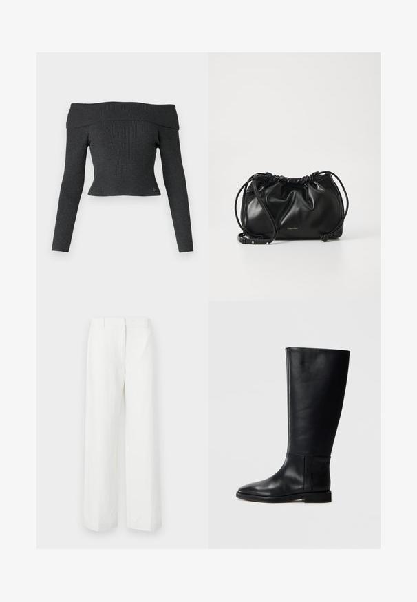 Pulover z odprtimi rameni, rebraste pletenine v temno sivi barvi, ima dolge rokave in prilegajočo zasnovo z majhnim logotipom na dnu.; Bele hlače širokih nogavic z gladko teksturo, s ploskim sprednjim delom in pregibanimi linijami. Narejene iz lahkotnega materiala, brez vidnih vzorcev.; Črne usnjene škornje do kolen z zaobljenim nosom, gladko teksturo, minimalističnim dizajnom in ravnim podplatom. Preproste šivane detajle na zgornjem delu.; Črna usnjena torbica z nabranim dizajnom, dvojno zategovalno zapiranje in snemljivim naramnim trakom. Ima kovinski logotip.