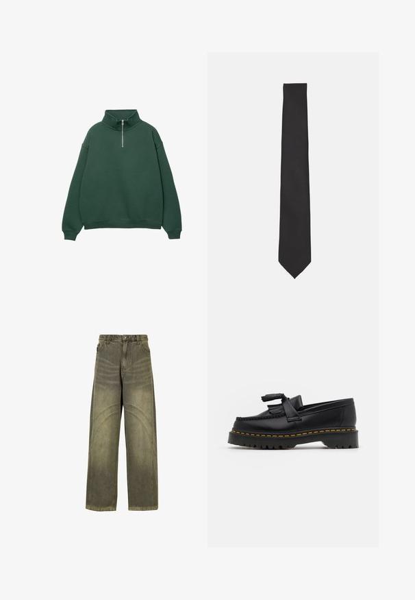 Felpa a maniche lunghe verde scuro con zip e colletto alto. Realizzata in materiale morbido, con spalle scese e polsini e orlo a coste.; Due camicie a manica corta: una bianca e una azzurro chiaro. Entrambe presentano un'apertura con bottoni, colletto, tessuto di cotone liscio e vestibilità standard.; Jeans a gamba larga in denim verde oliva, con dettagli di cuciture curve, chiusura con bottone classico e finitura scolorita.; Mocassino in pelle nera con un'accento a frange, dotato di una suola nera spessa e cuciture gialle lungo il bordo. Finitura testurizzata.; Cravatta nera realizzata in tessuto liscio, caratterizzata da una forma slanciata e allungata con punta appuntita e senza motivi o accenti visibili.