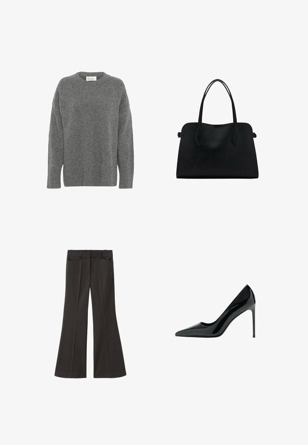 My Essential Wardrobe COPENHAGEN - Pulover - dark grey melange; Črne razširjene hlače z visokim pasom; vključujejo dva sprednja žepa in gladko teksturo tkanine. Primerne za različne priložnosti.; Črne lakirane stiletto čevlje s koničastim prstom in gladko, sijočo teksturo; visok, ozek petec; minimalističen dizajn.; Črna usnjena torbica z dvema naramnima trakoma, pravokotne oblike in minimalističnim dizajnom na beli podlagi.