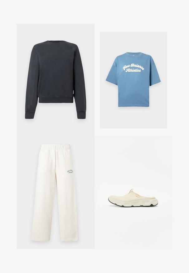 Dark gray sweatshirt with a round neckline, raglan sleeves, and ribbed cuffs and hem. Smooth texture without visible patterns or accents.; Blue cotton t-shirt with a loose fit, featuring short sleeves and a crew neckline. White "New Balance Athletics" logo centrally printed.; Cream-colored wide-leg pants made from soft material with an elastic waistband. Features subtle green embroidered text on the front.; Cream mesh slip-on shoe with a thick white sole and black textured outsole. Features a pull tab at the heel for easy wear.
