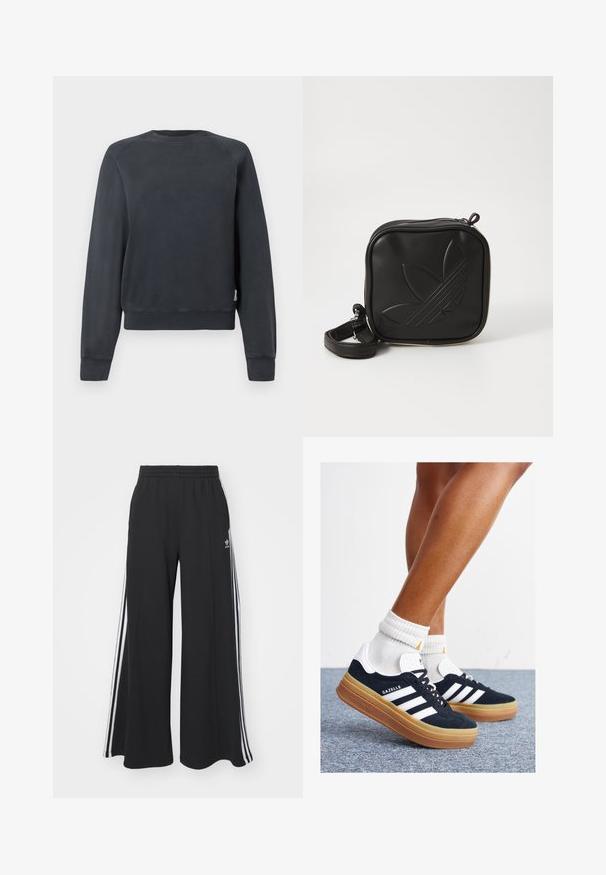Dark gray sweatshirt with a round neckline, raglan sleeves, and ribbed cuffs and hem. Smooth texture without visible patterns or accents.; Black wide-leg sweatpants with an elastic waistband, featuring white side stripes and an embroidered logo on the left thigh.; Black suede sneakers with white stripes and accents, rounded toe, gum rubber outsole, paired with white ribbed crew socks.; Black square crossbody bag made of textured synthetic material. Features an embossed logo design and adjustable strap. Zipper closure.