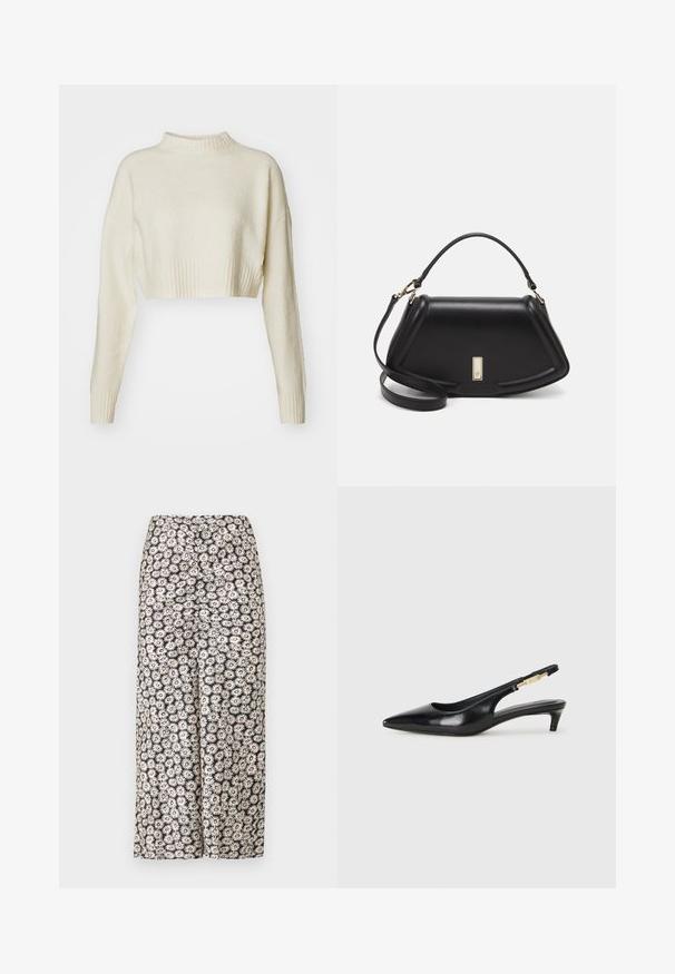 Lühem, kreemjas kampsun, mis on valmistatud pehmest kangast. Omab kõrget ribakraed ja pikki varrukasid ribakääridega. Sile tekstuur, minimalistlik disain.; Lille lille jalgratta püksid, millel on must taust, valged päevalilled ja punased aktsendid, valmistatud kergest kangast, millel on sile tekstuur.; Mustad nahast slingback kontsad terava ninaga, millel on õhuke konts ja kuldse tooni aktsent reguleeritaval rihmal. Sile tekstuur.; Must mustrist käekott, millel on struktureeritud disain, lühendatud kuju, ülemine käepide ja kuldne metallist detail. Reguleeritav õlalihm on kaasas.