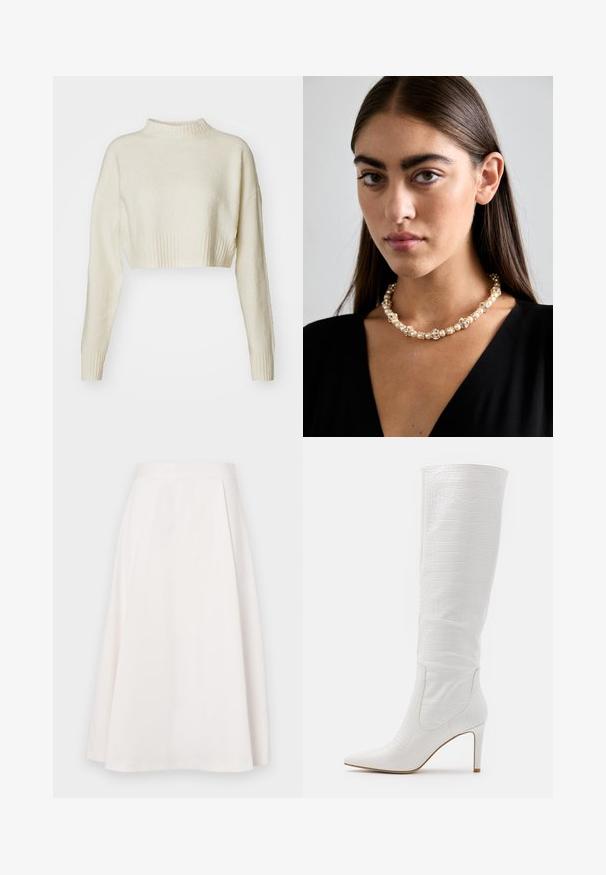 Cropped, cream sweater made of soft fabric. Features a high ribbed neckline and long sleeves with ribbed cuffs. Smooth texture, minimal design.; A knee-length, white A-line skirt made from smooth fabric, featuring a flat waistband and subtle pleats for added shape and movement.; RAID TRIBUTE - High heeled boots - white; Pearl and crystal necklace with a round, beaded design in pale hues, featuring alternating pearls and sparkling accents, worn around the neck.