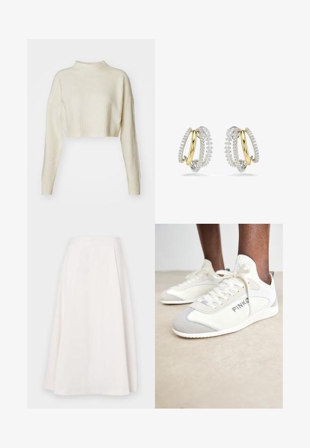 Afskåret, cremefarvet sweater lavet af blødt stof. Funktioner en høj ribbet halsudskæring og lange ærmer med ribbede manchetter. Glat tekstur, minimalistisk design.; En knælang, hvid A-line nederdel lavet af glat stof, med en flad talje og subtile plisseringer for ekstra form og bevægelse.; Hvide og grå sportssko med tekstiler og suede-detaljer. Har snørebåndsdesign og synlig branding på siden.; Guld- og sølvøreringe med hoops, der har flettede designs, prydet med klare ædelsten langs de ydre kanter, der viser detaljeret håndværk.