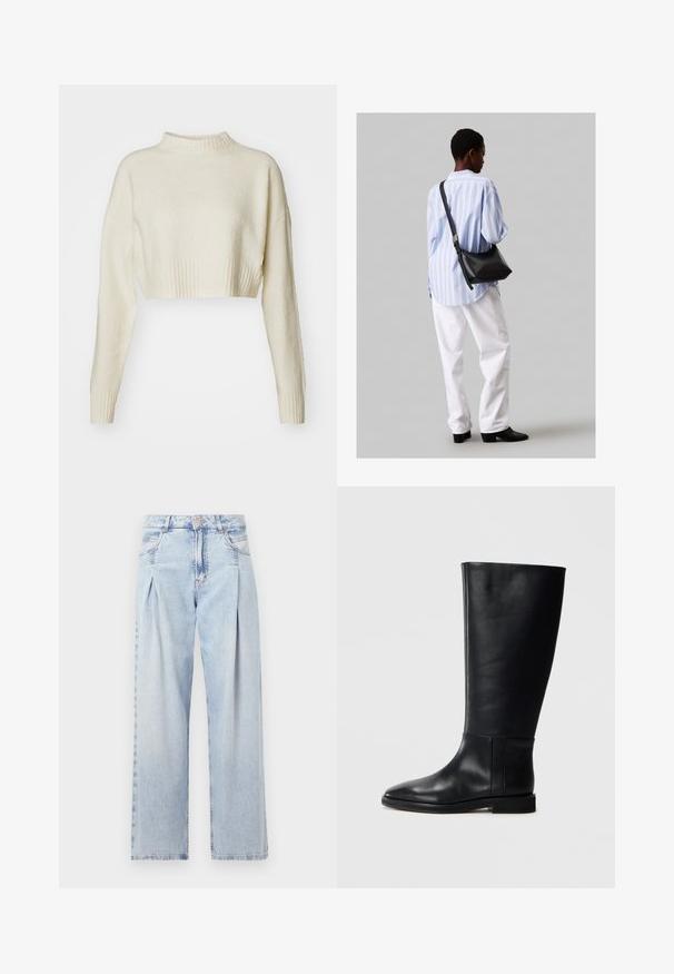 Maglione corto di colore crema realizzato in un tessuto morbido. Presenta un colletto alto a costine e maniche lunghe con polsini a costine. Texture liscia, design minimale.; Jeans in denim azzurro chiaro con vita alta, taglio a gamba larga, due tasche laterali e design plissettato. Texture morbida con una finitura sbiadita.; Stivale in pelle nera al ginocchio con punta arrotondata, texture liscia, design minimalista e suola piatta. Dettagli di cucitura semplici sulla gamba.; Borsa a tracolla in pelle nera con una texture morbida, forma triangolare e tracolla regolabile, abbinata a una camicia a righe blu chiaro e pantaloni bianchi.