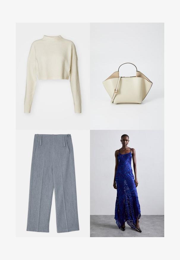 Cropped, cream sweater made of soft fabric. Features a high ribbed neckline and long sleeves with ribbed cuffs. Smooth texture, minimal design.; Light gray, wide-leg trousers made of textured fabric, featuring two front pleats and two side pockets. Clean, tailored design.; Blue and purple animal print maxi dress with thin straps, a fitted bodice, flared hem, and sheer overlay detailing.; Ree Projects ANN - Handbag - beige