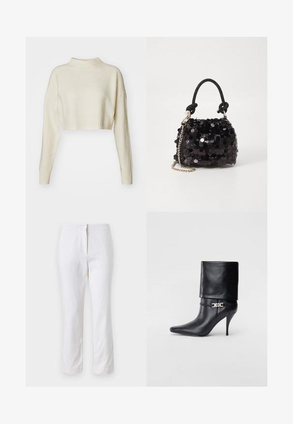 Suéter corto de color crema, hecho de una tela suave. Presenta un cuello alto de canalé y mangas largas con puños de canalé. Textura suave, diseño minimalista.; Pantalones de algodón blancos con un diseño de pierna recta, que cuentan con una cintura de media altura y sin herrajes o patrones visibles. Textura suave en todo su recorrido.; Botín de cuero negro hasta el tobillo con punta afilada, tacón alto de aguja, puño doblado y un detalle decorativo de hebilla dorada en el tobillo.; Bolso de mano mini negro con lentejuelas, con una correa de textura anudada y cadena plateada. Forma redondeada con parte superior fruncida y detalles reflectantes.