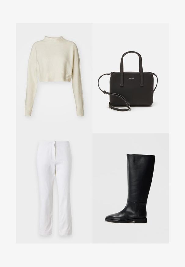 Skraćeni kremasti pulover od mekanog materijala. Ima visoki rebrasti izrez i duge rukave s rebrastim manžetama. Glatka tekstura, minimalistički dizajn.; Bijele pamučne hlače ravnog kroja, sa strukom srednje visine i bez vidljivih metalnih dijelova ili uzoraka. Glatka tekstura kroz cijelu dužinu.; Crne kožne čizme do koljena s zaobljenim vrhom, glatkom teksturom, minimalističkim dizajnom i ravnim đonom. Jednostavni šavovi na vertikalnom dijelu.; Crna torba s dva kratka ručka i uklonjivom naramenicom. Glatki materijal nalik koži s zatvaračem na zatvaranje i detaljem s logom.