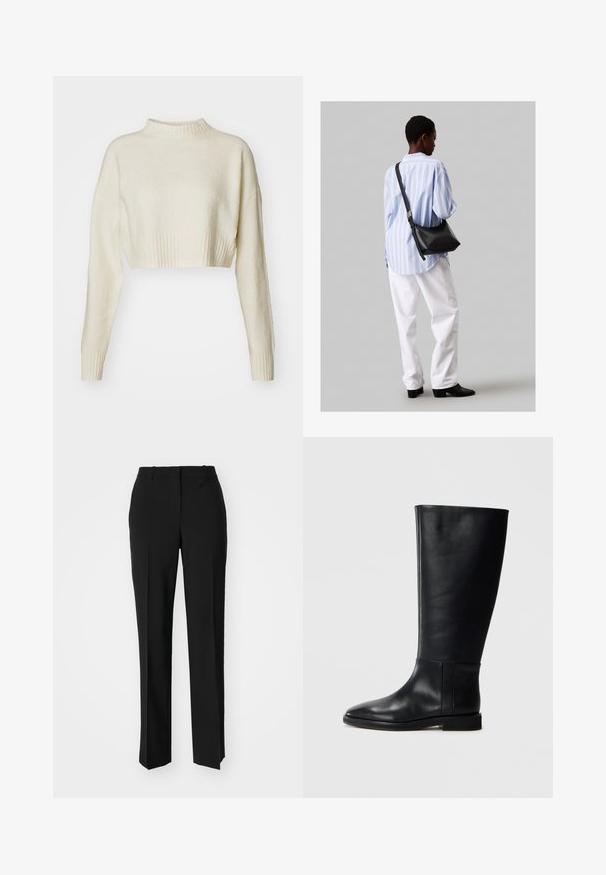 Lyhyet, kermaväriset neuleet, joka on valmistettu pehmeästä kankaasta. Sisältää korkean ribatun kauluksen ja pitkät hihat ribatuilla hihansuilla. Sujuva pinta, minimalistinen muotoilu.; Mustat räätälöidyt housut suoraa lahjetta, joissa on sileä pinta ja terävät taitteet edessä. Ei näkyvää metalliosaa.; Mustat nahkaiset polvipituiset saappaat, joissa on pyöreä kärki, sileä pinta, minimalistinen muotoilu ja tasapohja. Yksinkertaiset sauman yksityiskohdat varressa.; Musta nahkainen olkalaukku, jossa on pehmeä rakenne, kolmion muoto ja säädettävä hihna, yhdistettynä vaaleansiniseen raidalliseen paitaan ja valkoisiin housuihin.