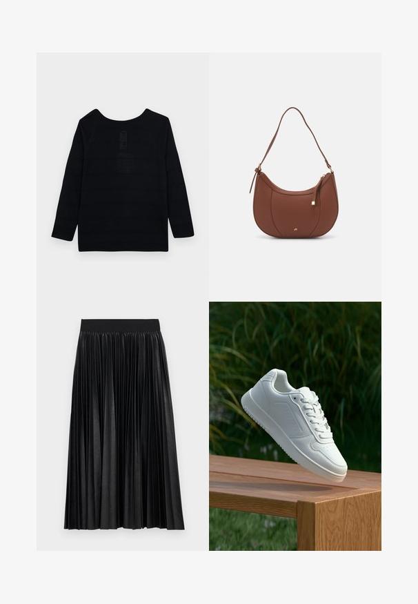 Melnas garām piedurknēm blūze ar noapaļotu kakla izgriezumu, ar strukturētu rakstu un pastiprinātiem šuvēm.; Melnas, piegriezta svārki, izgatavoti no gluda sintētiska materiāla. Aprīkoti ar plašu elastīgu jostasvietu un krīt līdz vidus teļiem.; Baltie sporta apavi ar gludu sintētisku augšpusi, perforētu pirkstu daļu, plakani šņorēm un rakstainu zoli, novietoti uz koka virsmas.; Brūns mākslīgās ādas pleca soma ar izliekta forma, minimāls šuvums un zelta toņa aparatūras akcenti. Aprīkota ar augšējo rāvējslēdzēju un regulējamu siksnu.