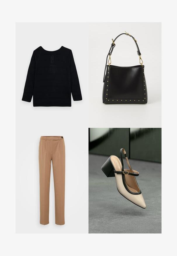 Černý dlouhý rukáv top s kulatým výstřihem, s texturovaným vzorem a zesíleným švem podél švů.; Hnědé kalhoty na míru se rovnými nohavicemi, vybavené zapínáním na jeden knoflík a záhybovým designem v přední části. Hladká textura, minimalistický styl.; Beige boty s špičatou špičkou a otevřenou patou, černými detaily, zlatou přezkou a silným blokovým podpatkem, na šedé podlaze s tmavě zeleným pozadím.; Černá kožená kabelka se strukturovaným tvarem, zdobená zlatými hroty podél okrajů a odnímatelným popruhem se zlatými kovovými detaily.