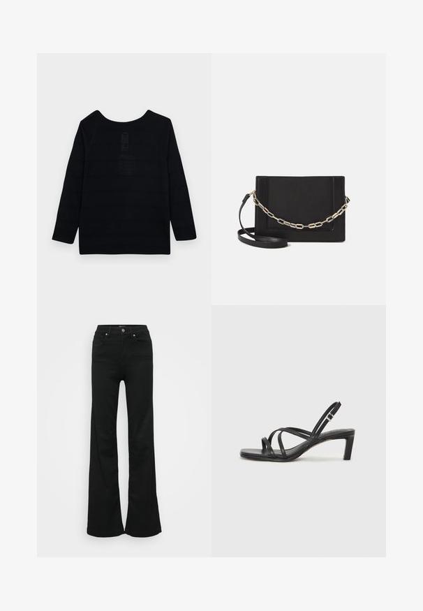 Black long-sleeve top with a rounded neckline, featuring a textured pattern and reinforced stitching along the seams.; Black flared jeans made from denim, featuring a high waist, five pockets, and metal button closure. Smooth texture with minimal detailing.; Black strappy sandal with a square toe and a low block heel. Features multiple thin straps and an adjustable ankle strap. Made of smooth leather.; Black leather crossbody bag featuring a smooth texture, rectangular shape, and a metallic chain detail on the front. Adjustable strap included.