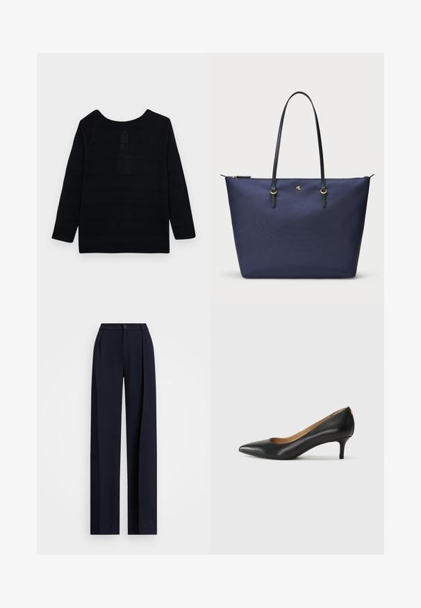 Top lungo nero a maniche lunghe con scollatura arrotondata, caratterizzato da un motivo testurizzato e cuciture rinforzate lungo le cuciture.; Pantaloni navy a gamba larga con pieghe, chiusura a bottone e una texture di tessuto liscia. Progettati per una vestibilità comoda e ampia.; Décolleté in pelle nera con punta affilata, tacco basso e texture liscia. Presenta un leggero apertura sulla parte anteriore e hardware minimale sul retro.; Borsa tote blu navy realizzata in tessuto testurizzato, con manici in pelle nera e dettagli in hardware dorato. Chiusura a zip nella parte superiore.