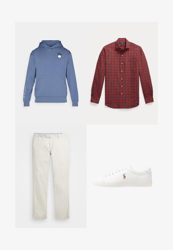 Sweatshirt azul com capuz e bolso frontal, logotipo do Campeonato BMW PGA no peito e na manga.; Camisa vermelha aos quadrados com gola abotoada, mangas longas e um pequeno logotipo. Feita de tecido tecido com botões brancos e detalhes em azul.; Chinos de algodão bege com frente plana, passantes para cinto e bolsos laterais. Design de perna reta com uma textura suave e uma sensação leve e respirável.; Sapatilhas de couro brancas, design de cano baixo, com textura suave, biqueira redonda, atacadores à frente e um pequeno logótipo bordado na lateral.