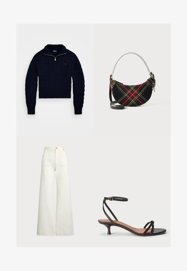 Marineblå kabelstrikket sweater med halv-zip krave, ribbede manchetter og kant. Har et lille rødt logo på brystet. Tyk, struktureret stof.; Pæne brede jeans i off-white denim. Høj talje med knaplukning, to forlommer og detaljer med kontrastsyning.; Polo Ralph Lauren LEATHER KITTEN-HEEL SANDAL - Pumps - black; Tote i tartanmønster lavet af uldblanding, med en halvmåneform, sølv kædehank og en aftagelig sort læderrem.