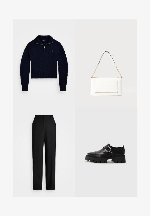 Navy cable-knit sweater with a half-zip collar, ribbed cuffs, and hem. Features a small red logo on the chest. Thick, textured fabric.; Polo Ralph Lauren HIGH RISE RELAXED STRAIGHT TROUSER - Trousers - black; Black leather shoes with a chunky, ribbed sole, featuring a circular silver hardware accent and minimal stitching detail.; White leather handbag with a textured finish, featuring a gold chain strap and black accents. Includes a front pocket and zipper closure.