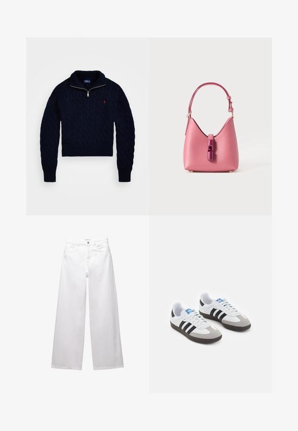 Mornarsko pulover iz pletenine z pol zadrgo, rebrastimi manžetami in robom. Ima majhen rdeč logotip na prsih. Debela, struktura tkanine.; Bele široke jeans hlače iz denima. Imajo gumbasto zapiranje, sprednje in zadnje žepe ter šivane šive. Gladka tekstura z minimalnimi detajli.; Športni čevlji z belim usnjenim zgornjim delom, sivim semišem na prstih in tremi črnimi črtami. Imajo modro logo na jeziku in teksturiran gumijast podplat.; Roza usnjena torbica z strukturirano obliko, ki ima sijoč zapirni mehanizem in en sam nastavljiv ročaj. Teksturna površina z zlatimi dodatki.