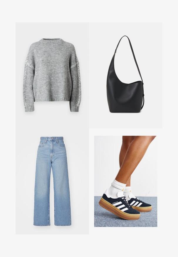 JDY JDYZOEY LIFE ON STITCH NOOS - Camisola - light grey melange; Jeans de cintura alta e perna larga em azul claro, com fecho frontal de botão e zíper, bolsos frontais e traseiros, sobre um fundo branco.; Ténis de camurça preta com riscas e detalhes brancos, biqueira arredondada, sola em borracha cor de goma, combinados com meias brancas caneladas até à altura do tornozelo.; Saco hobo preto em pele com uma textura lisa, forma curva e uma única alça ajustável; apresenta uma abertura larga na parte de cima.