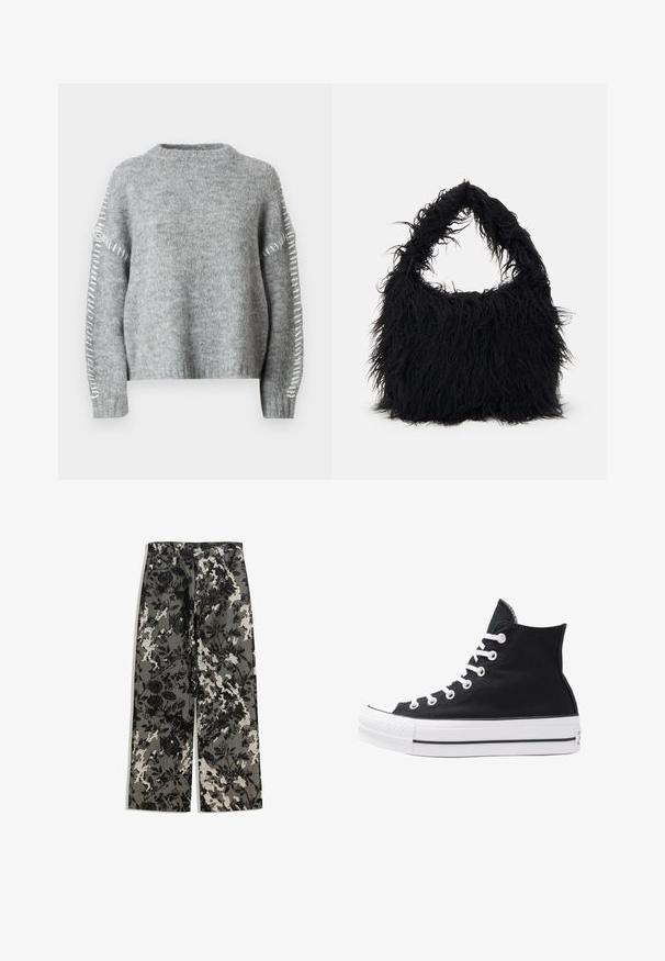 JDY JDYZOEY LIFE ON STITCH NOOS - Pullover - light grey melange; Pantalons mi-hauts à jambes larges dans un motif floral texturé noir et blanc sur fond gris, avec une taille classique et des poches avant.; Baskets montantes noires en toile avec œillets, lacets et semelle en caoutchouc blancs. Présentent un orteil texturé et des accents rayés noir et blanc.; Even&Odd Cabas - black