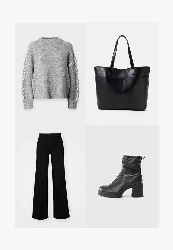 JDY JDYZOEY LIFE ON STITCH NOOS - Svetrík - light grey melange; Čierne široké nohavice z denimu s pevným pásom, pútkami na opasok a prednými vreckami. Hladká štruktúra s klasickým dizajnom.; Čierne členkové topánky z hladkej kože, so bočným zipsom, robustnou textúrovanou pätnou časťou a zaobleným dizajnom špičky.; Čierna kožená tote taška s dvoma dlhými rúčkami, hladkým povrchom a štruktúrovaným tvarom. Obsahuje prednú kapsu pre dodatočné uskladnenie.