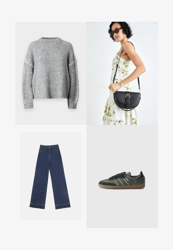 JDY JDYZOEY LIFE ON STITCH NOOS - Pullover - light grey melange; Jeans à jambes larges en denim bleu foncé. Comprend cinq poches, des passants de ceinture et un ourlet brut en bas avec des détails de couture visibles.; adidas Originals SAMBA OG - Baskets basses - core black/legend earth/gum; Sac à main en cuir noir avec une forme courbée, bandoulière amovible et des accessoires en or. Le sac est doté d'un rabat avec un détail de boucle.